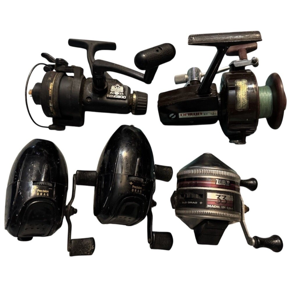 Lot Of 5 Vintage Fishing Reels Zebco 33, South Bend 145 X2, Daiwa, Shimano